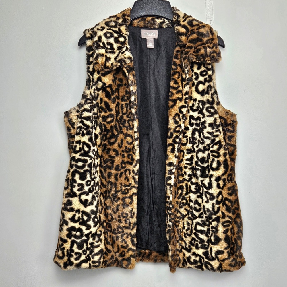 Chicos Faux Fur Leopard Print Vest Size 1 US M Collared Pockets Brown Black